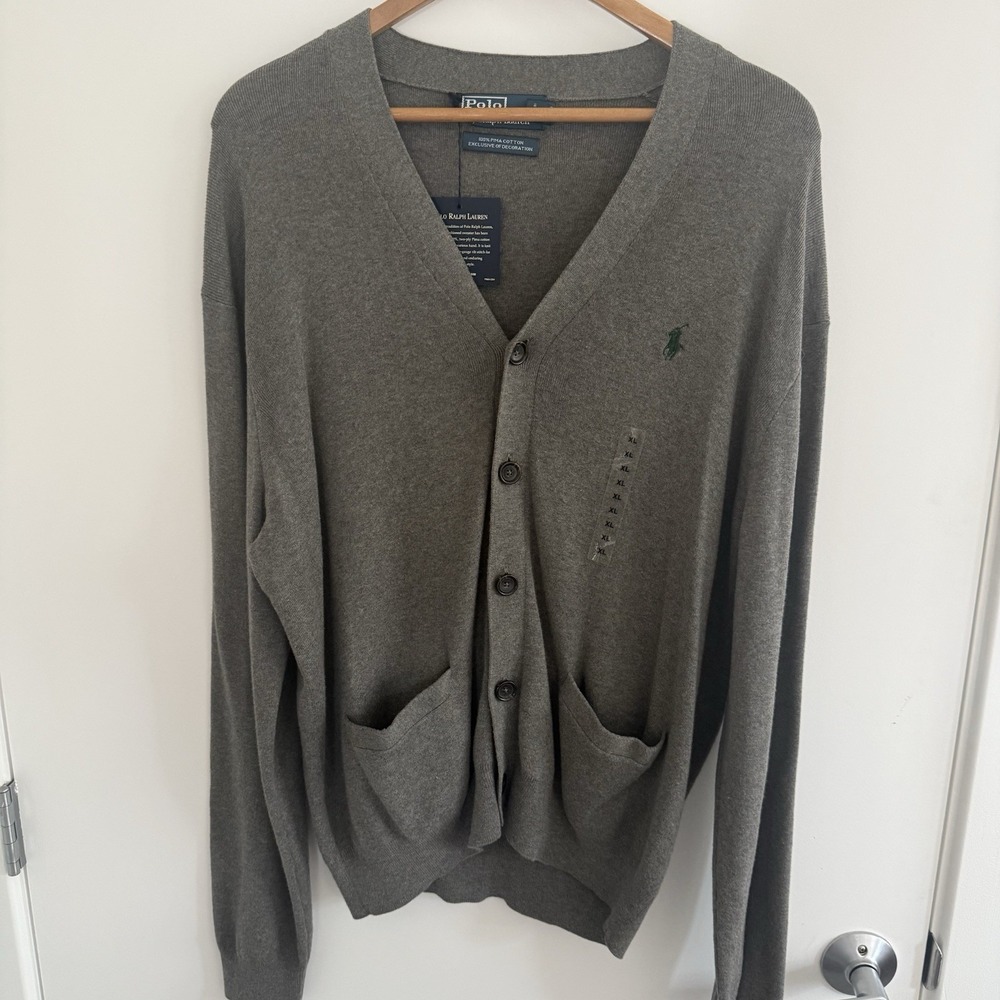 NWT Polo Ralph Lauren Mens the Pima Cotton Sweater XL Grey Button Up Pony Logo